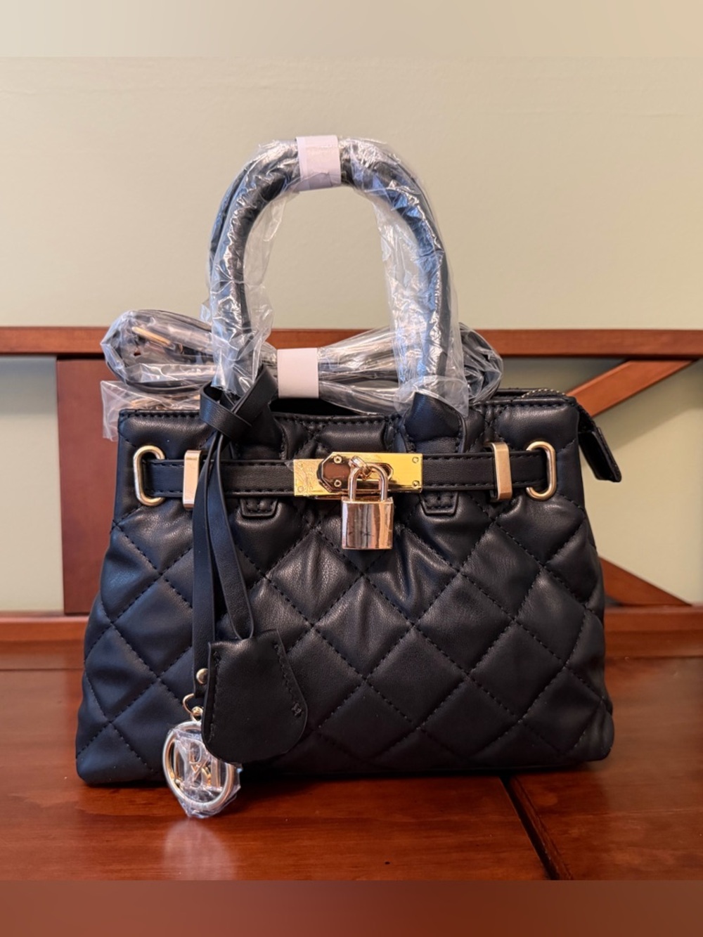 Badgley Mischka Black Quilted Satchel with Gold Hardware